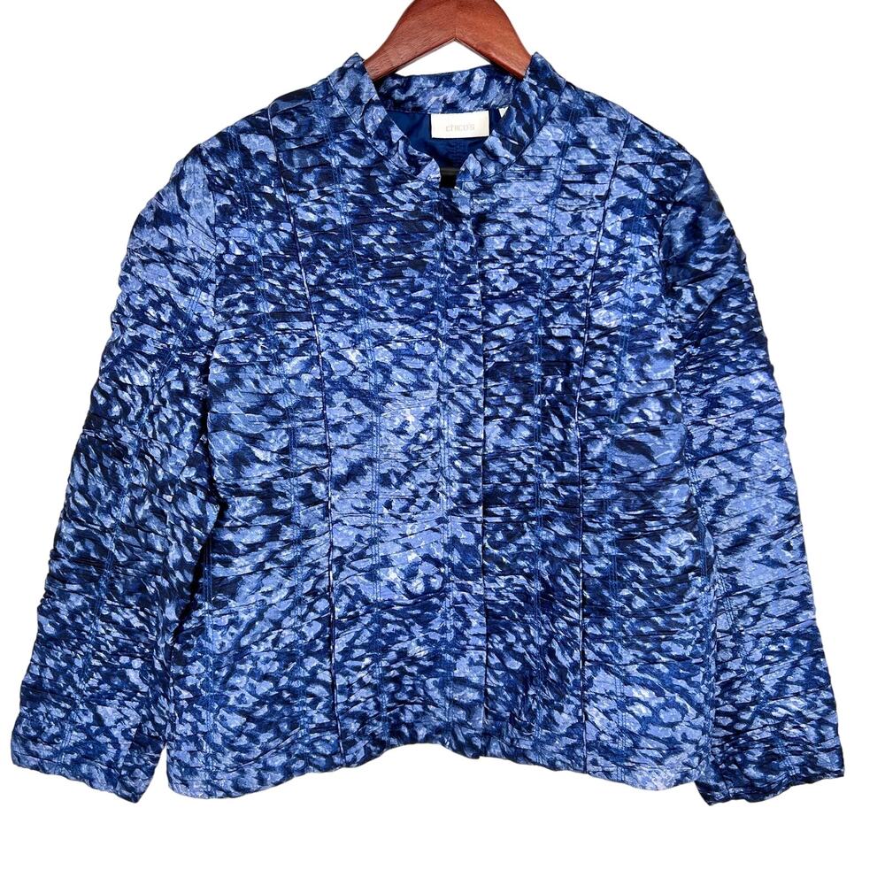 Chicos Sz 3 XL 14/16 Blue Jacket Coat Blouse Shirt Top Mature Comfy Cozy Ocean